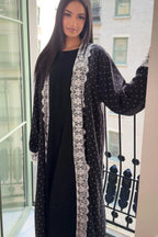 Nadia Lace‑Trimmed Polka‑Dot Abaya Set-Black
