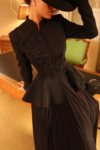 Embellished Peplum Jacket & Pleated Skirt Two-Piece Set-Black