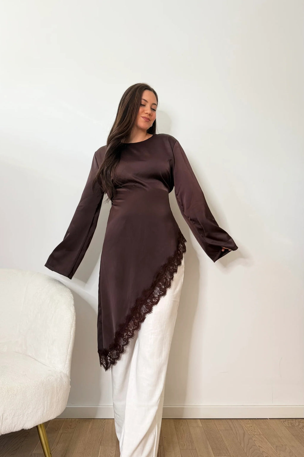 Lace-Trimmed Asymmetric Satin Modest Tunic-Coffee