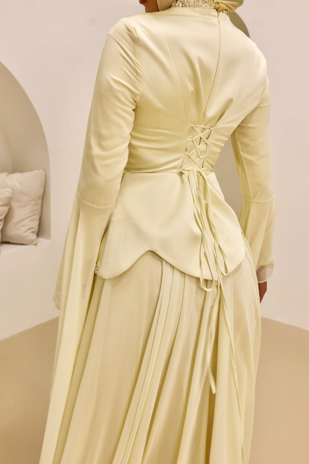 Lina Beaded Cape‑Sleeve Flowy Maxi Dress-Yellow