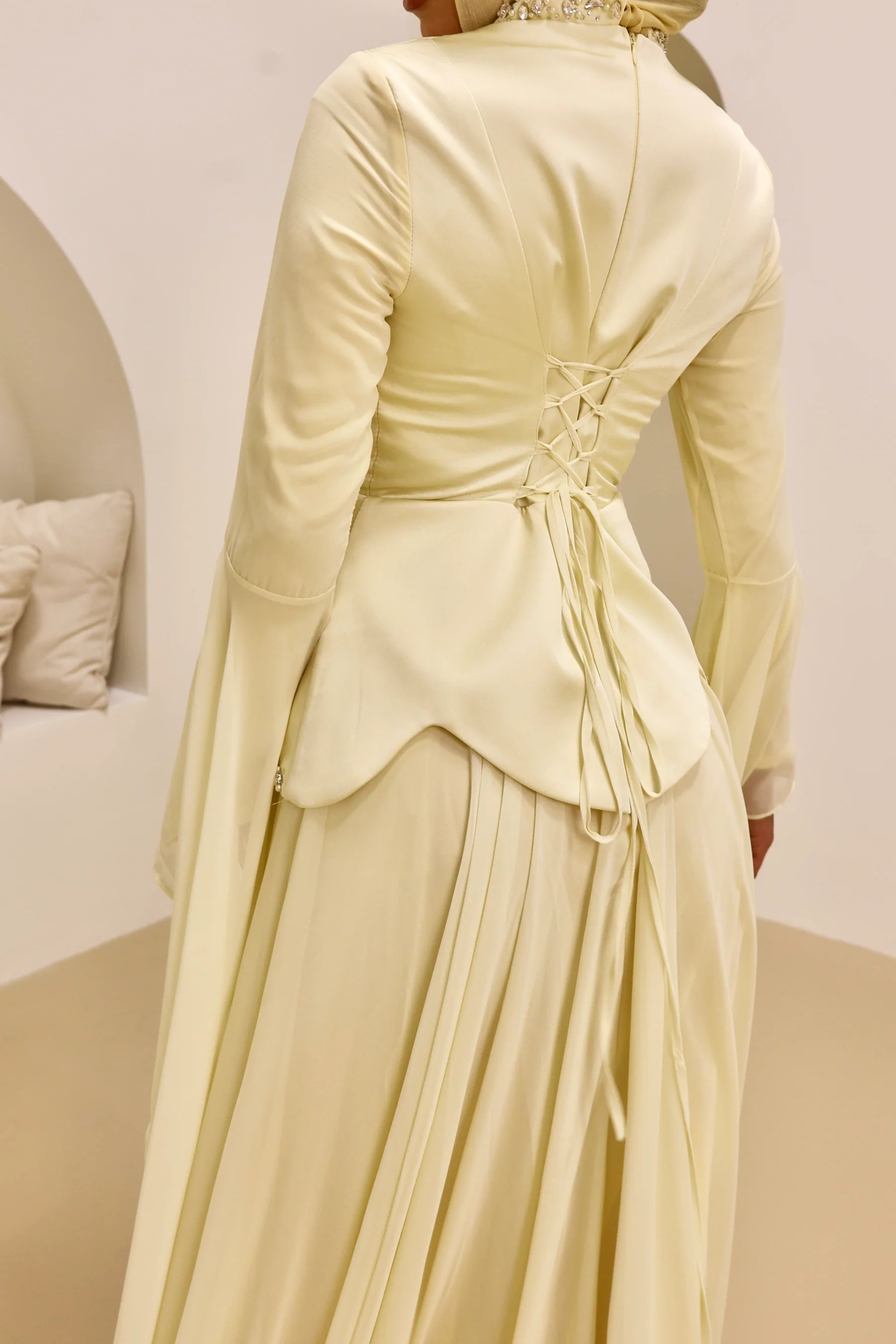 Lina Beaded Cape‑Sleeve Flowy Maxi Dress-Yellow