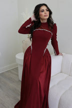 Maya Pearl Trim High Neck Gathered Maxi Dress-Red