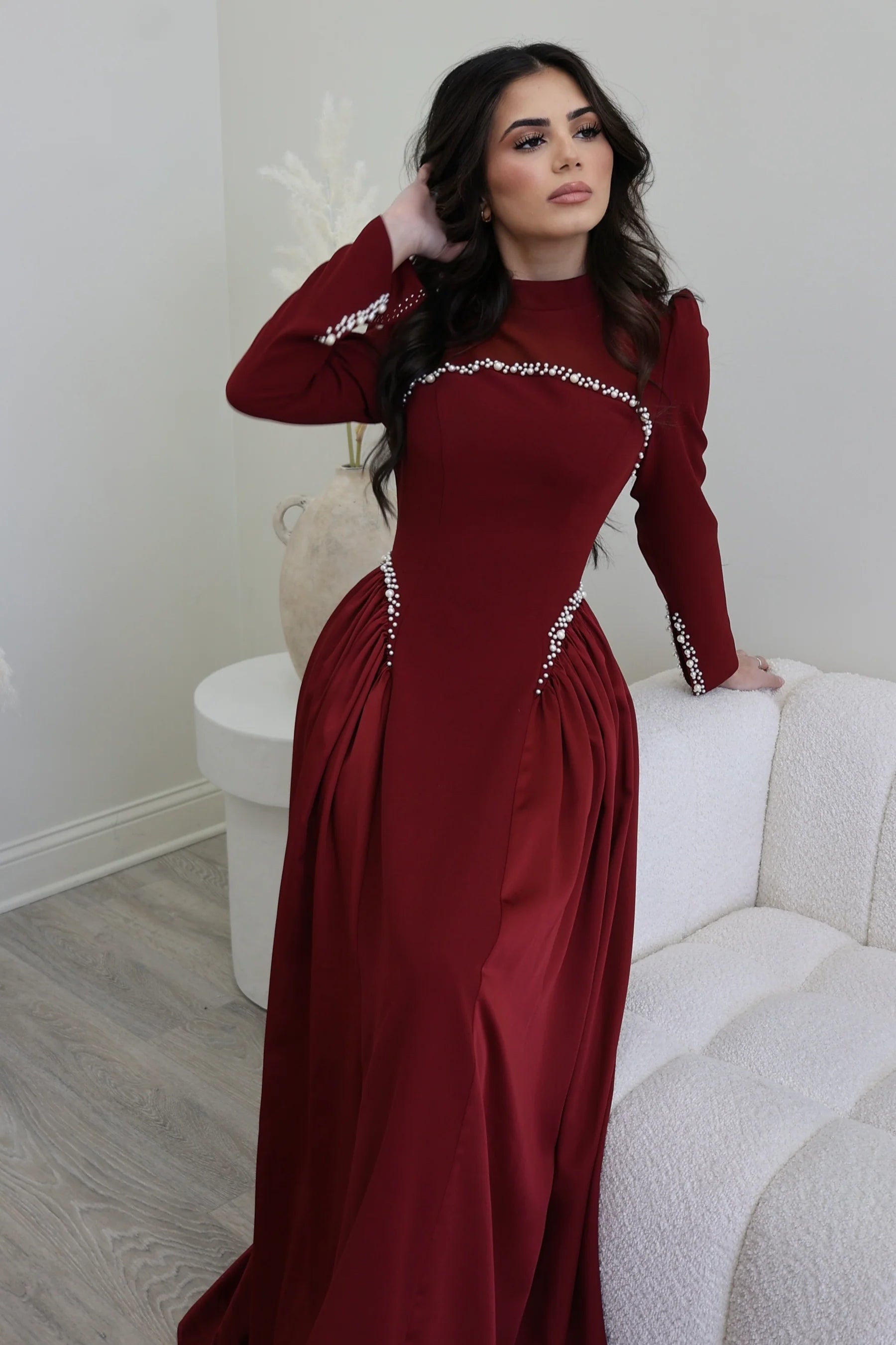 Maya Pearl Trim High Neck Gathered Maxi Dress-Red