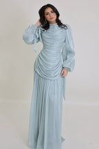 Dina Tie Cuff Draped Pleated Maxi Dress-Blue