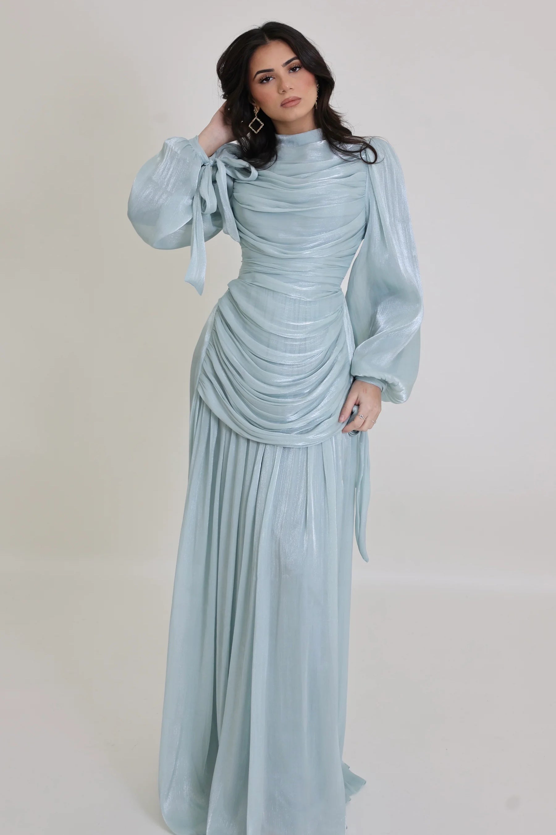 Dina Tie Cuff Draped Pleated Maxi Dress-Blue