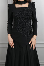 Elif Choker 3D Floral Peplum Maxi Dress-Black