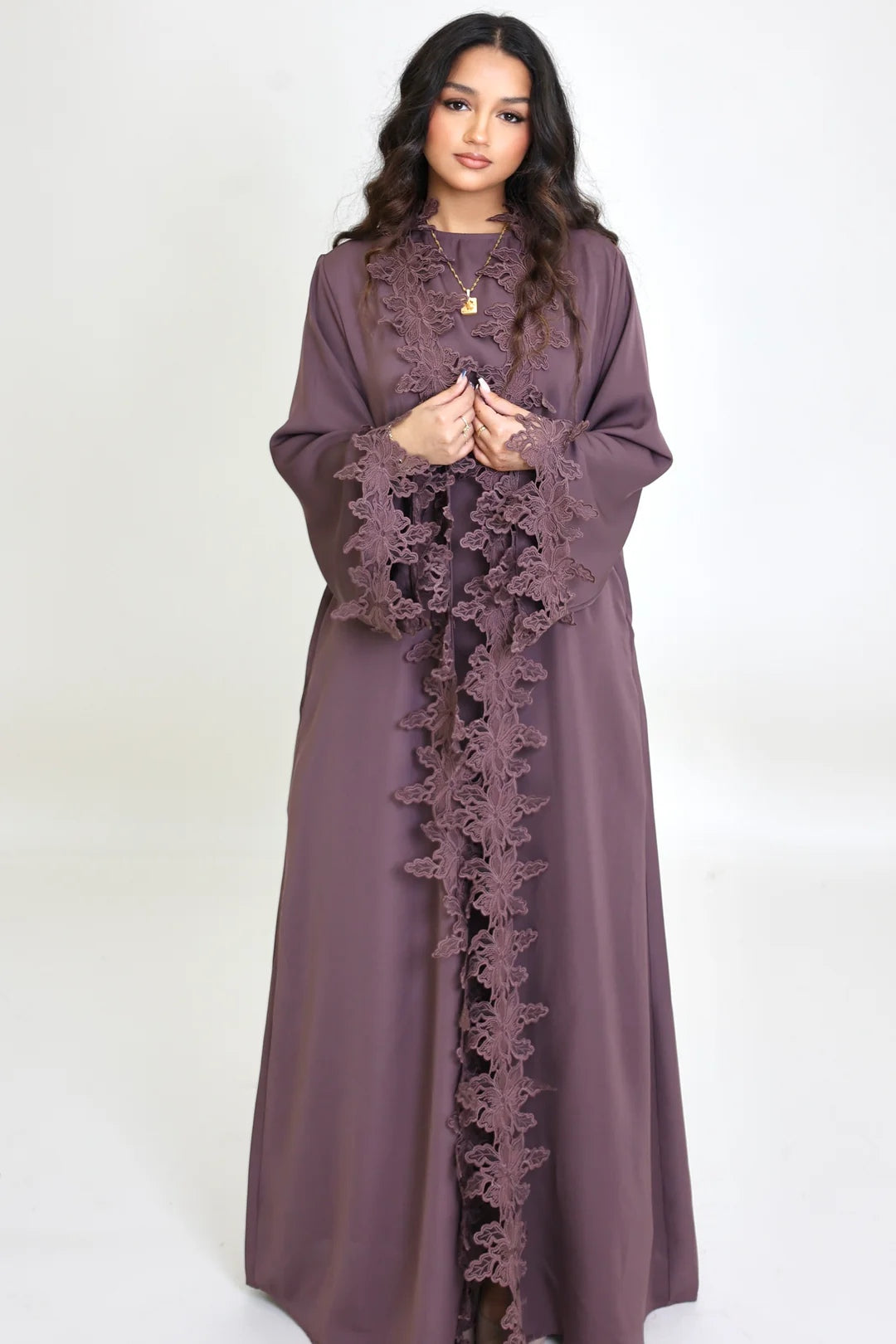 Sahara Floral Lace Trim Two Piece Abaya Set-Purple