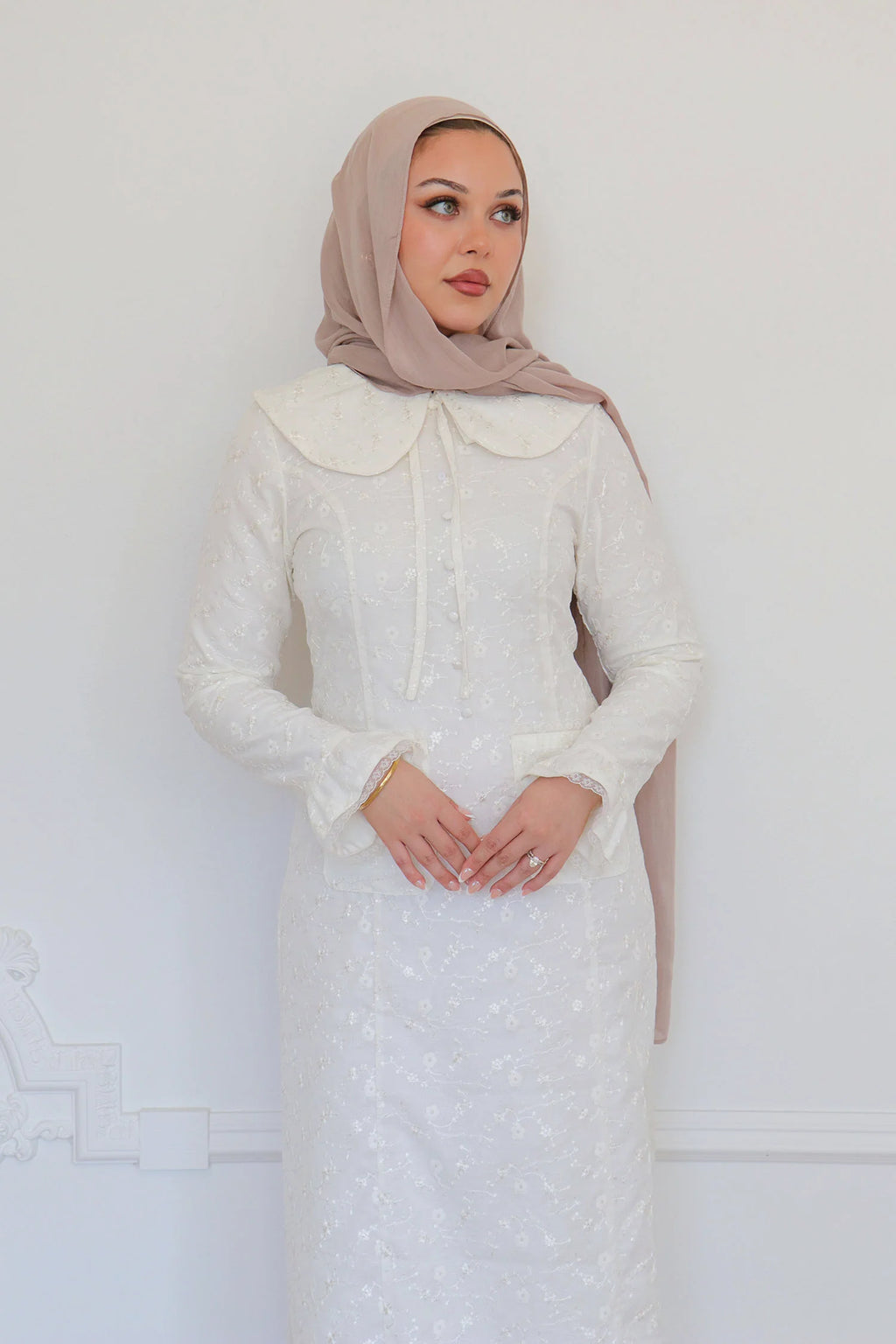 Nour Floral Embroidery Patch-Pocket Dress-White