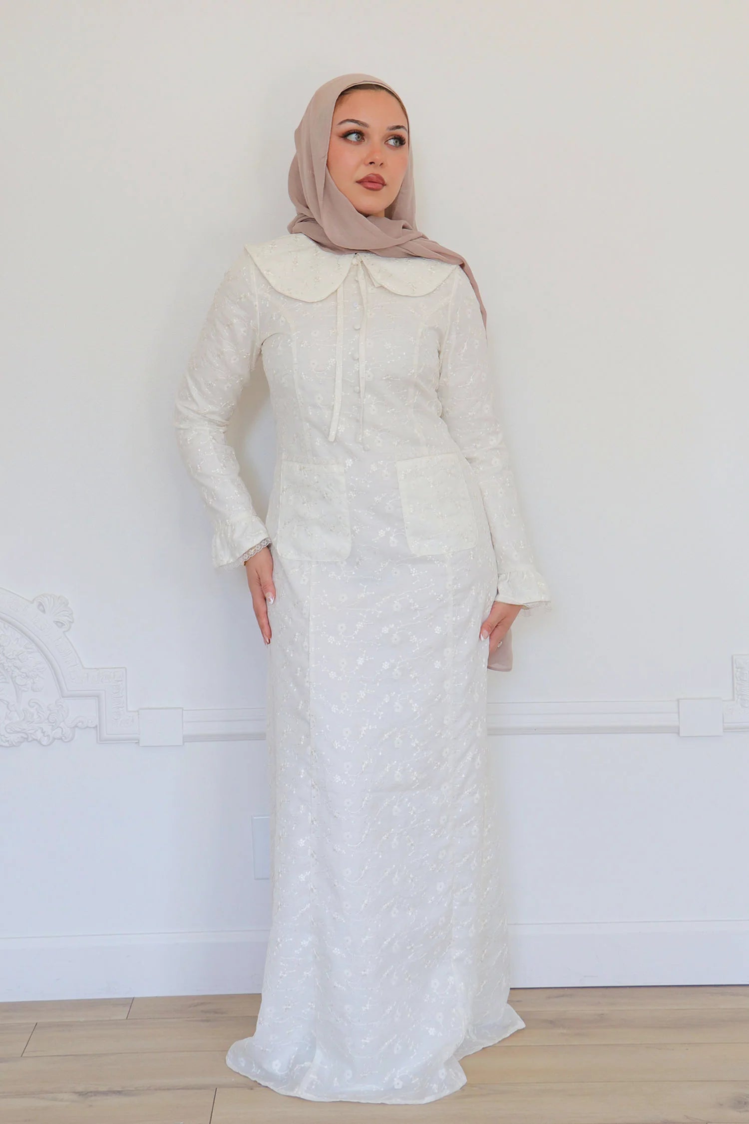 Nour Floral Embroidery Patch-Pocket Dress-White