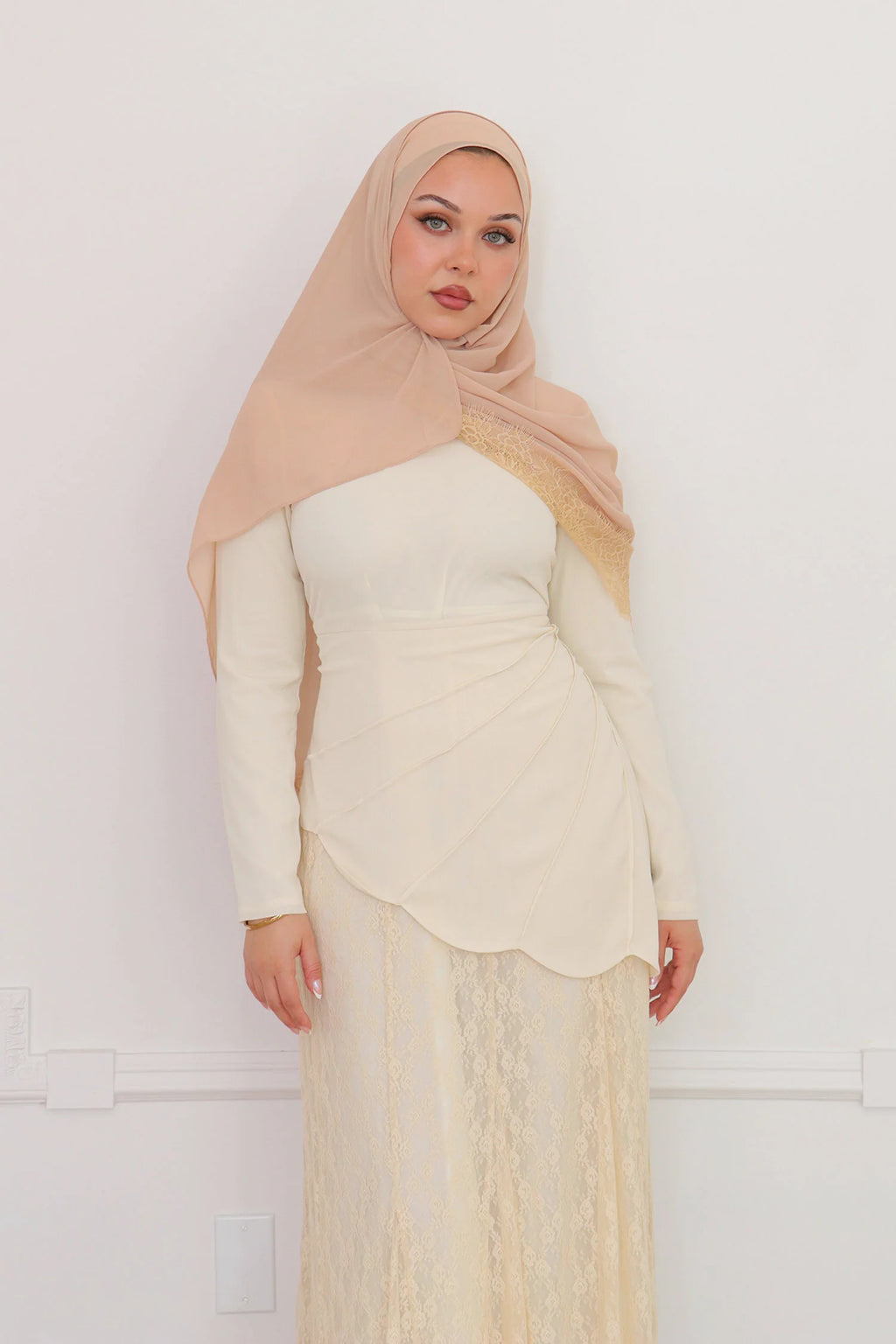 Amina Asymmetric Ruched Lace-Panel Maxi Set
