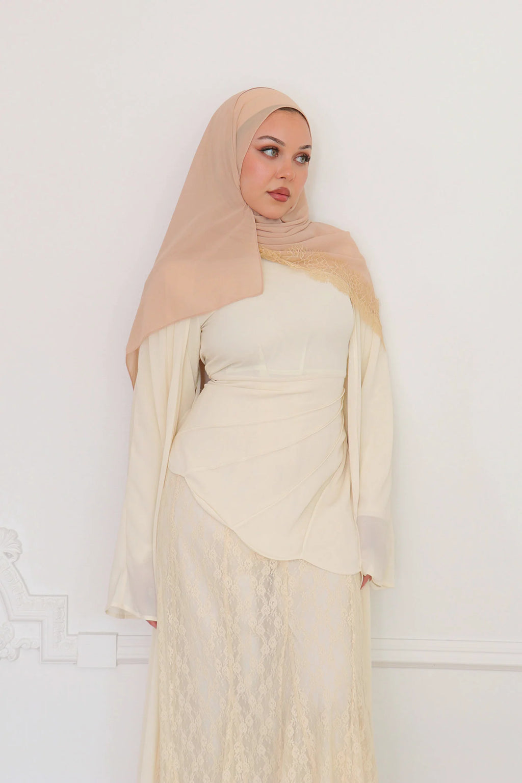 Amina Asymmetric Ruched Lace-Panel Maxi Set