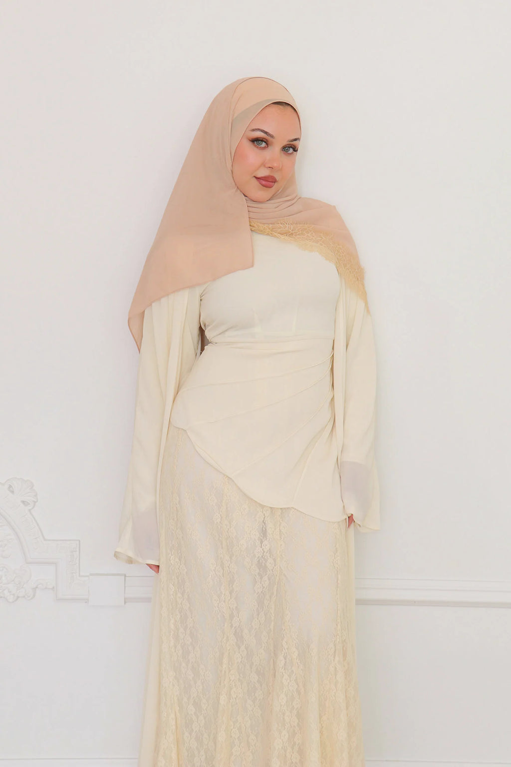 Amina Asymmetric Ruched Lace-Panel Maxi Set