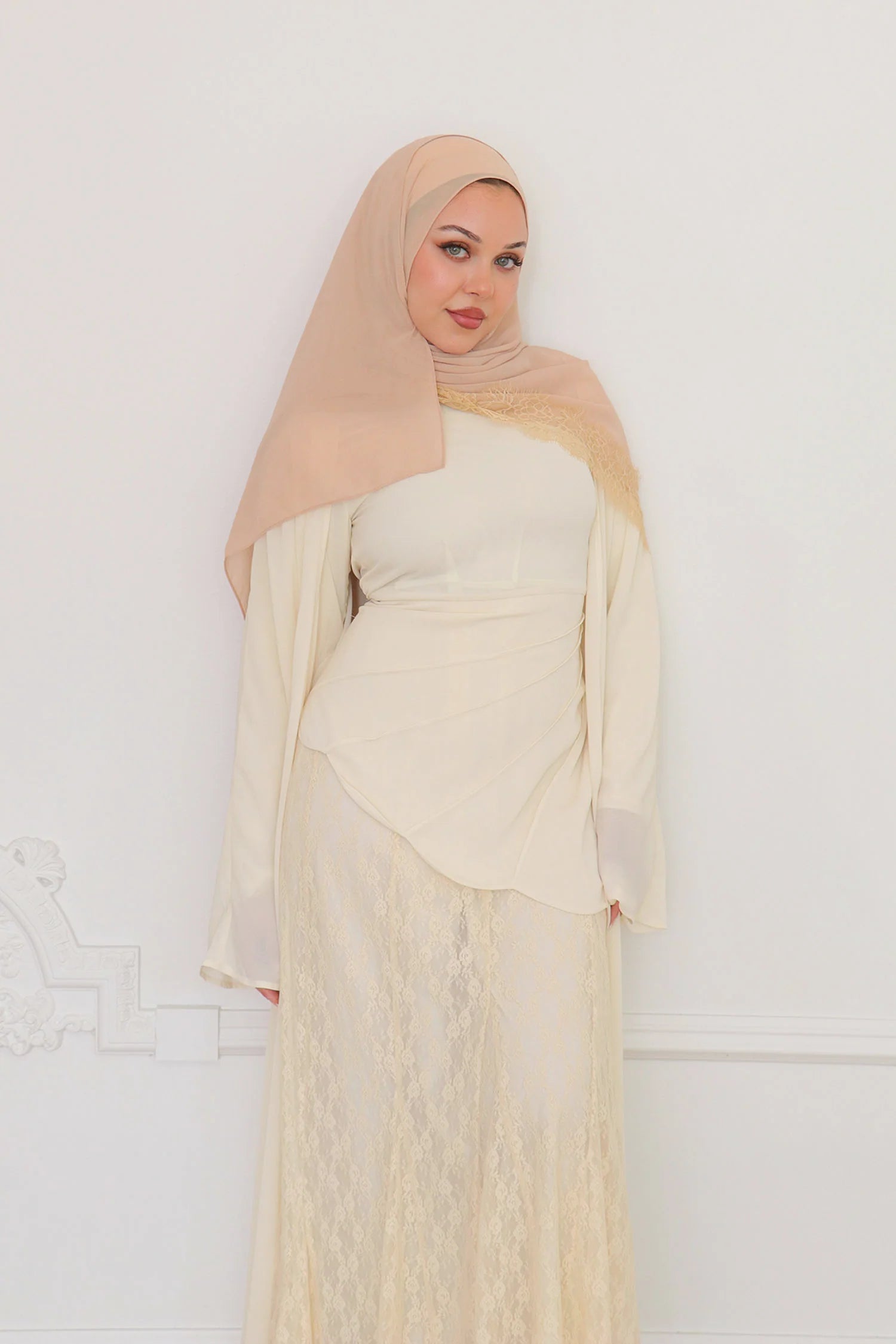 Amina Asymmetric Ruched Lace-Panel Maxi Set