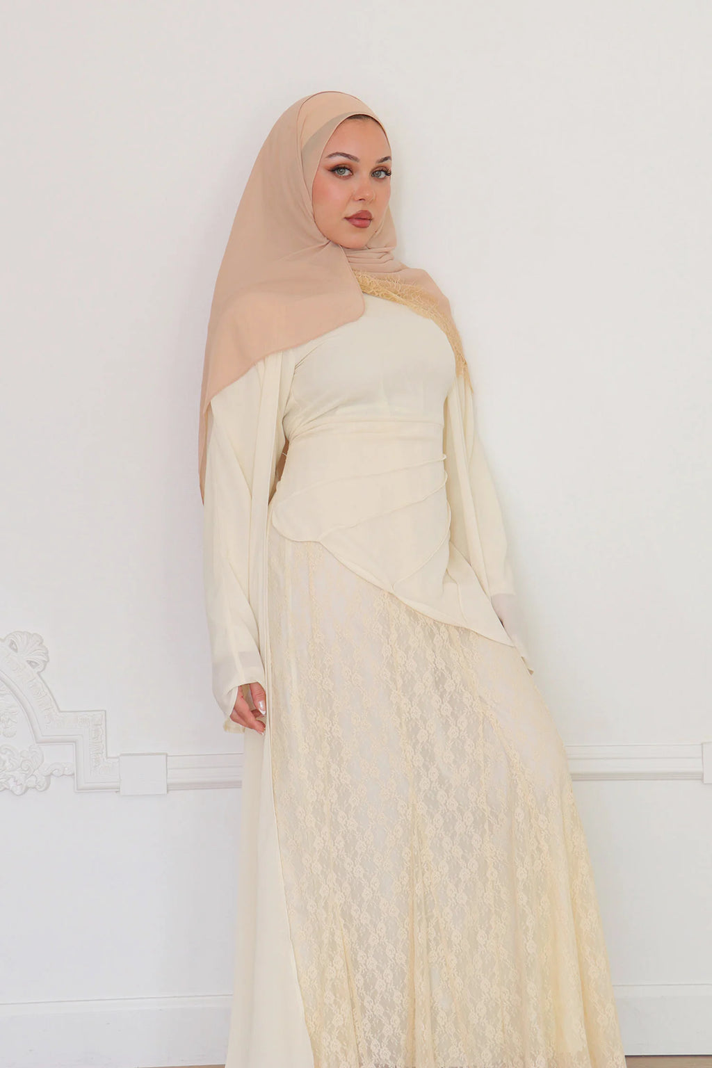 Amina Asymmetric Ruched Lace-Panel Maxi Set