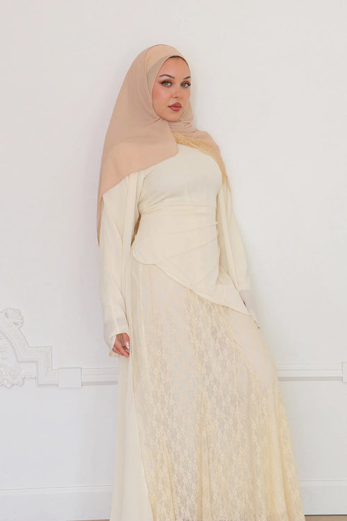 Amina Asymmetric Ruched Lace-Panel Maxi Set