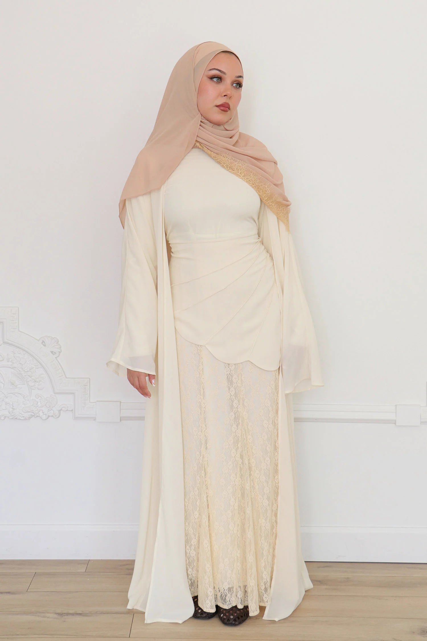 Amina Asymmetric Ruched Lace-Panel Maxi Set