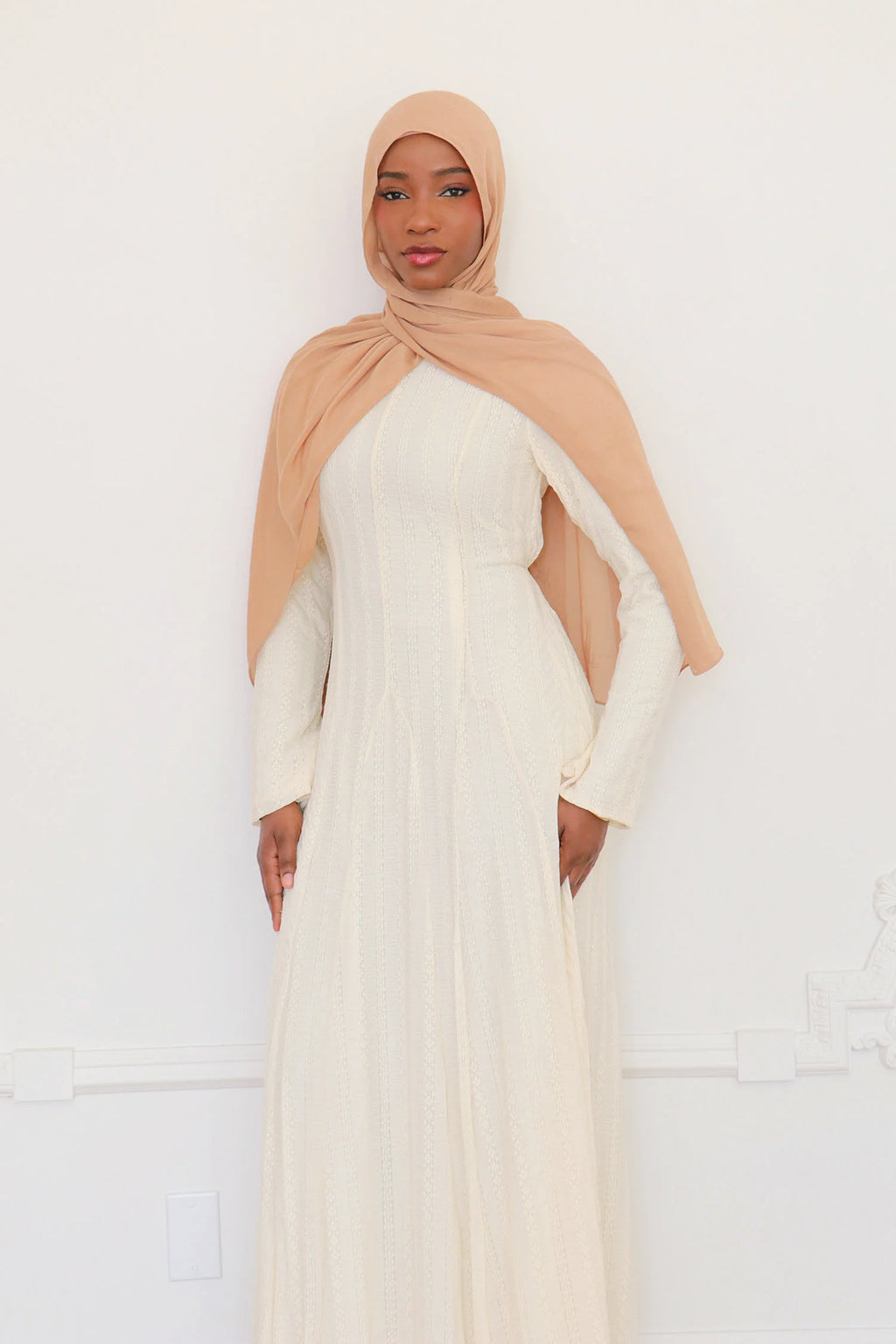 Salima Vertical-Textured Ribbed Gown-Beige