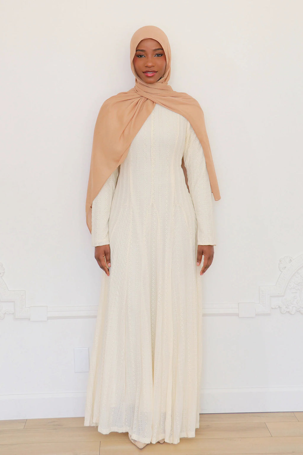Salima Vertical-Textured Ribbed Gown-Beige