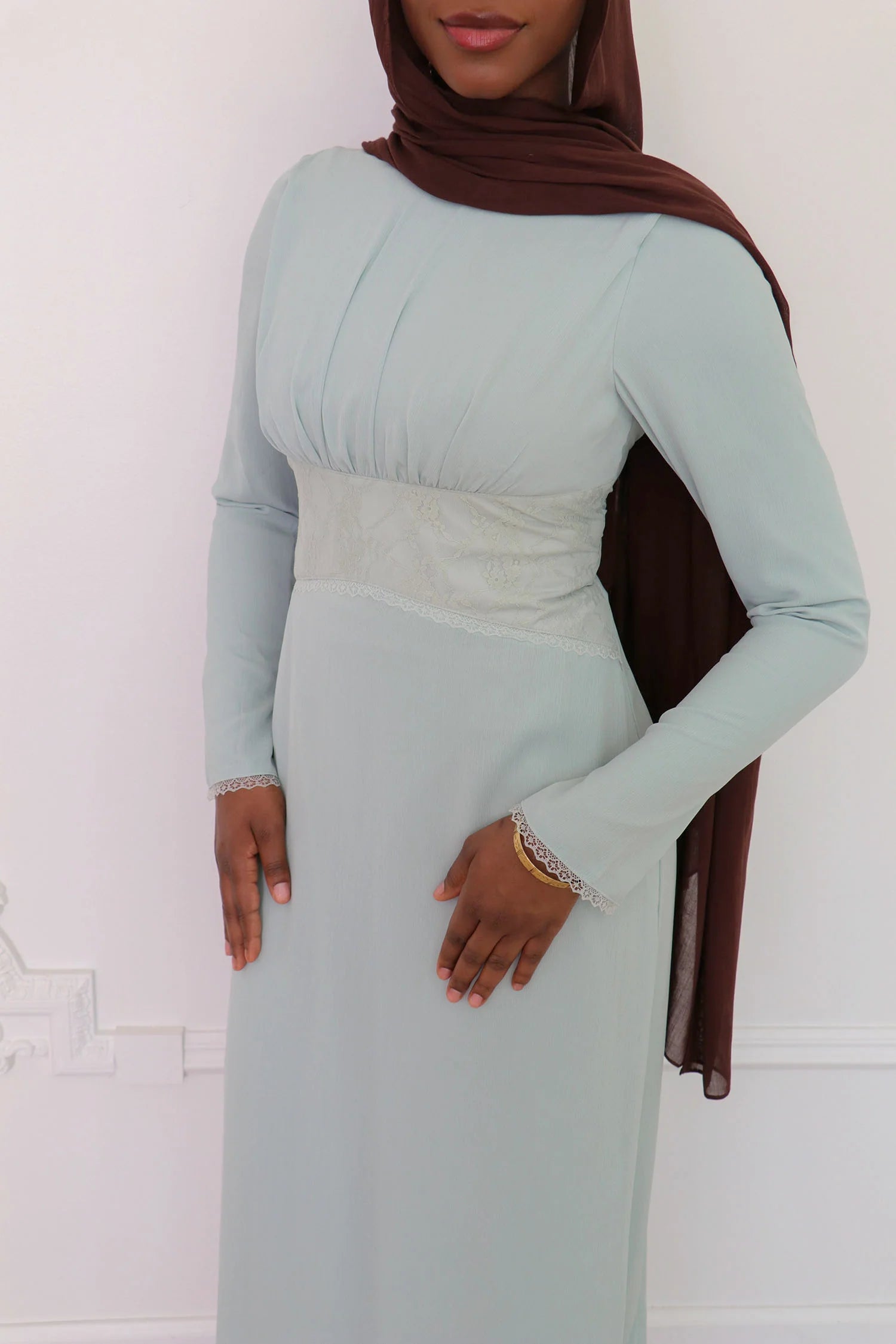 Amina Triangular Lace-Inset Maxi Gown-Blue