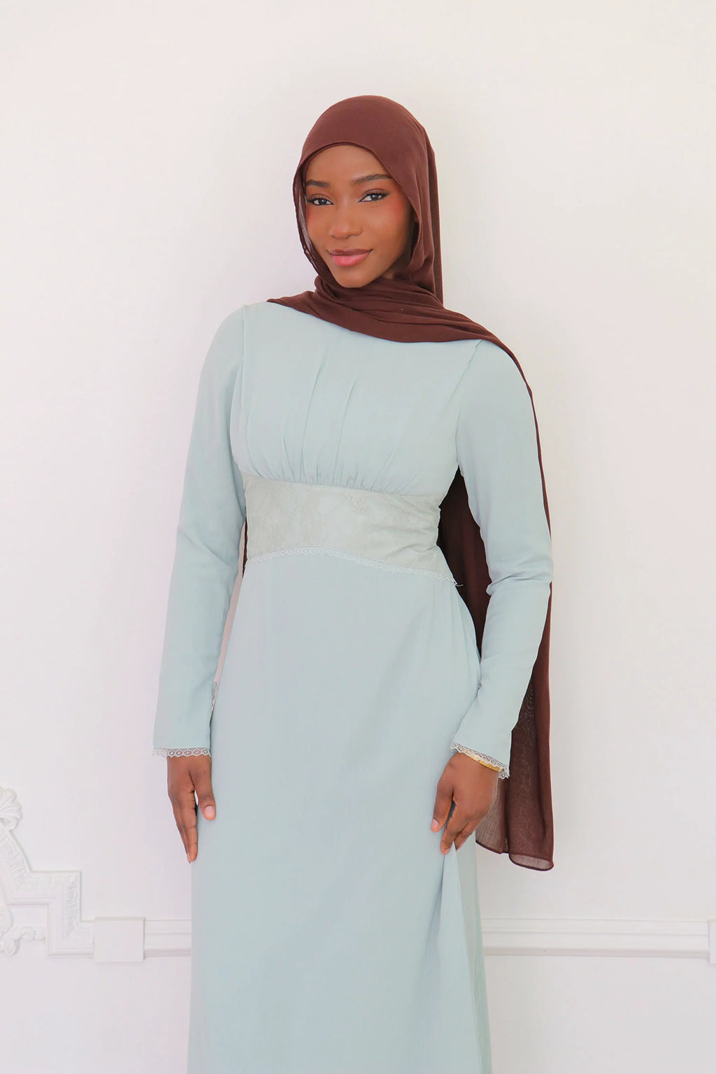 Amina Triangular Lace-Inset Maxi Gown-Blue