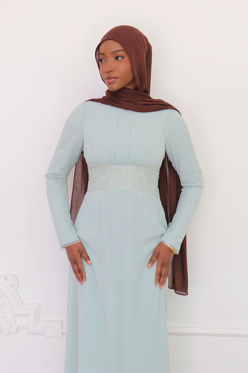Amina Triangular Lace-Inset Maxi Gown-Blue