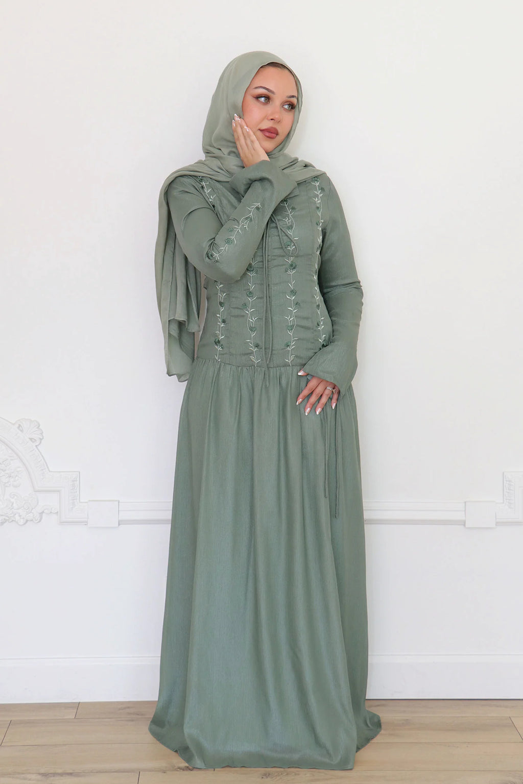 Ayla Floral Vine Embroidered Maxi-Green