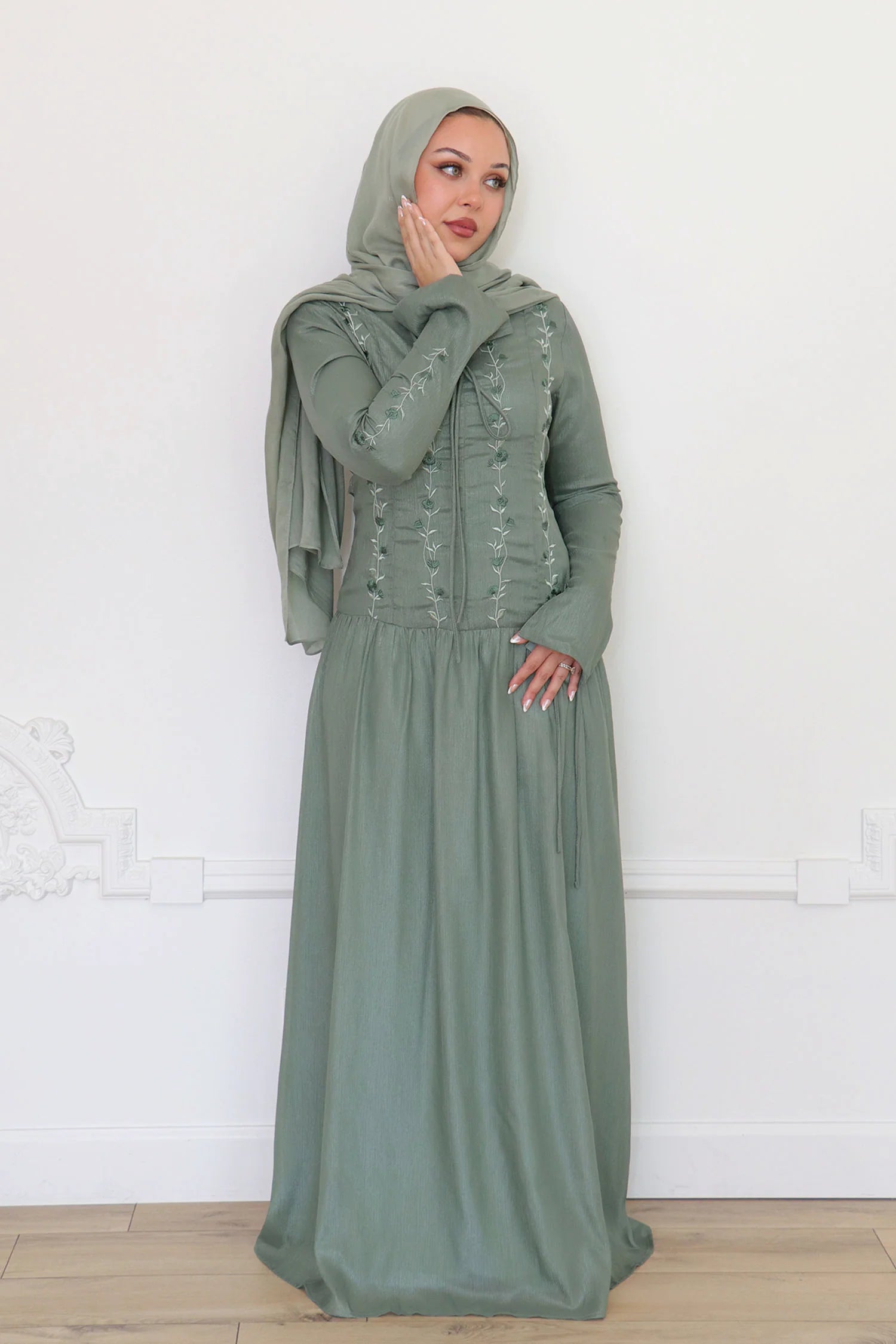 Ayla Floral Vine Embroidered Maxi-Green