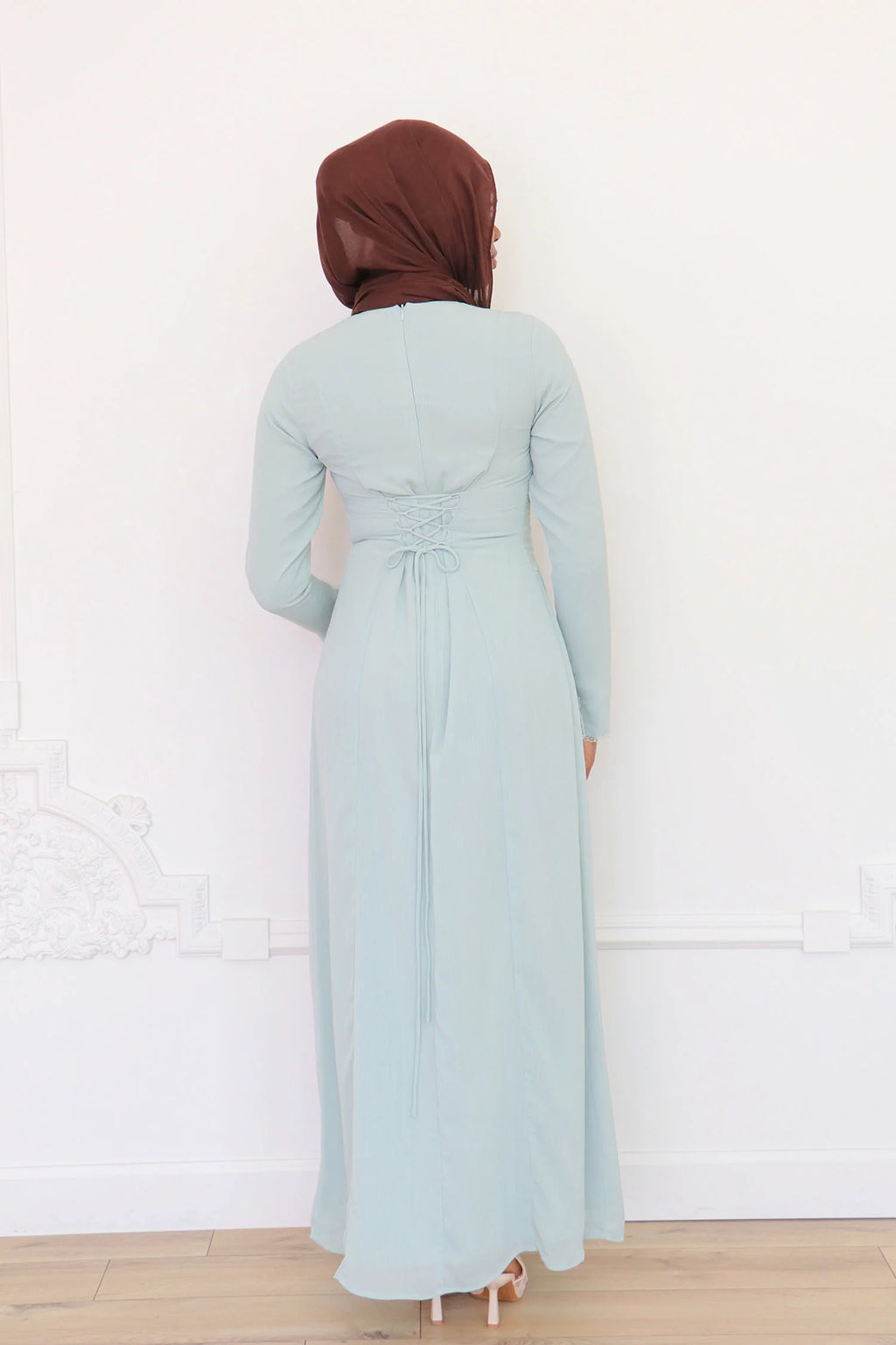 Amina Triangular Lace-Inset Maxi Gown-Blue