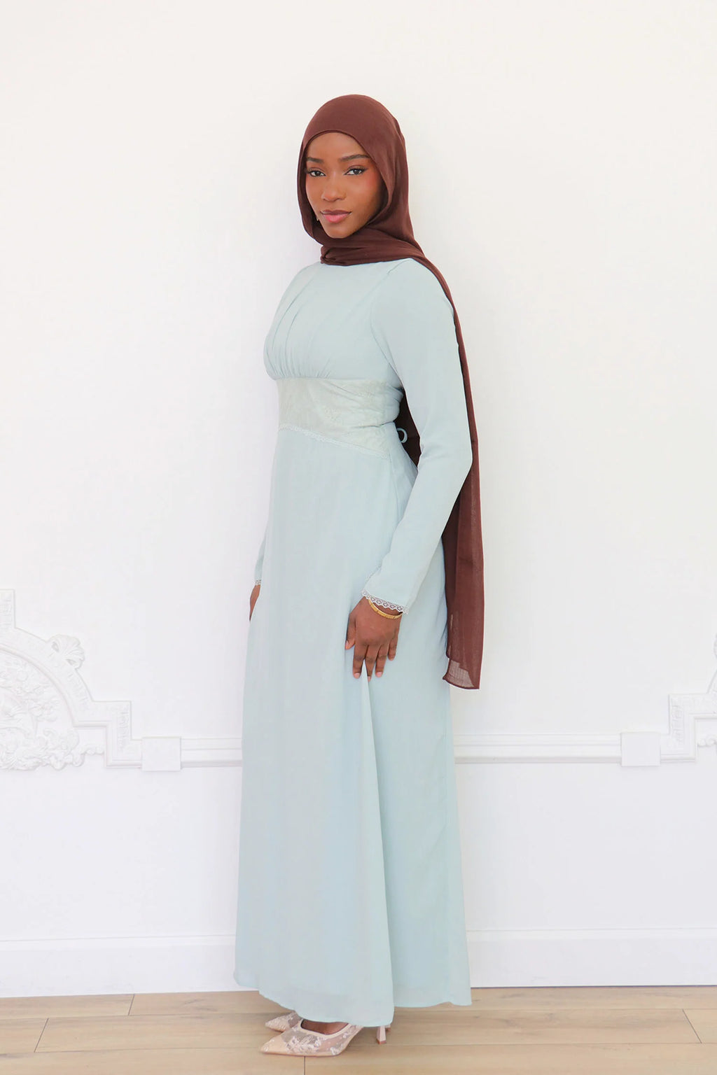 Amina Triangular Lace-Inset Maxi Gown-Blue
