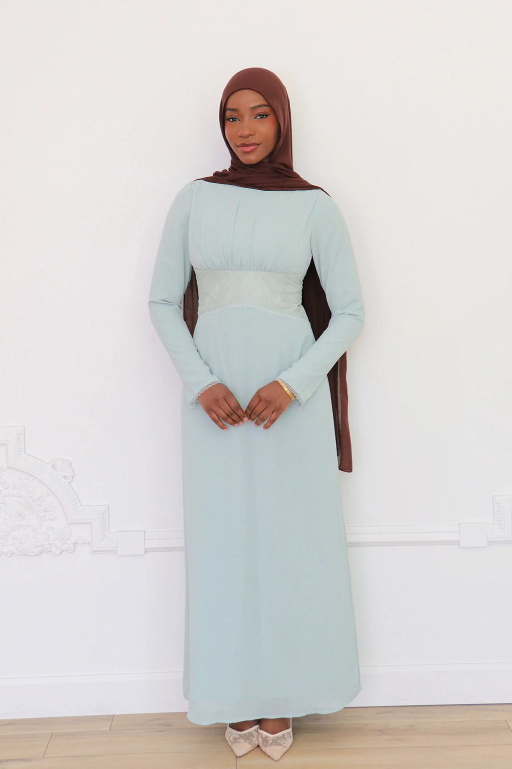 Amina Triangular Lace-Inset Maxi Gown-Blue