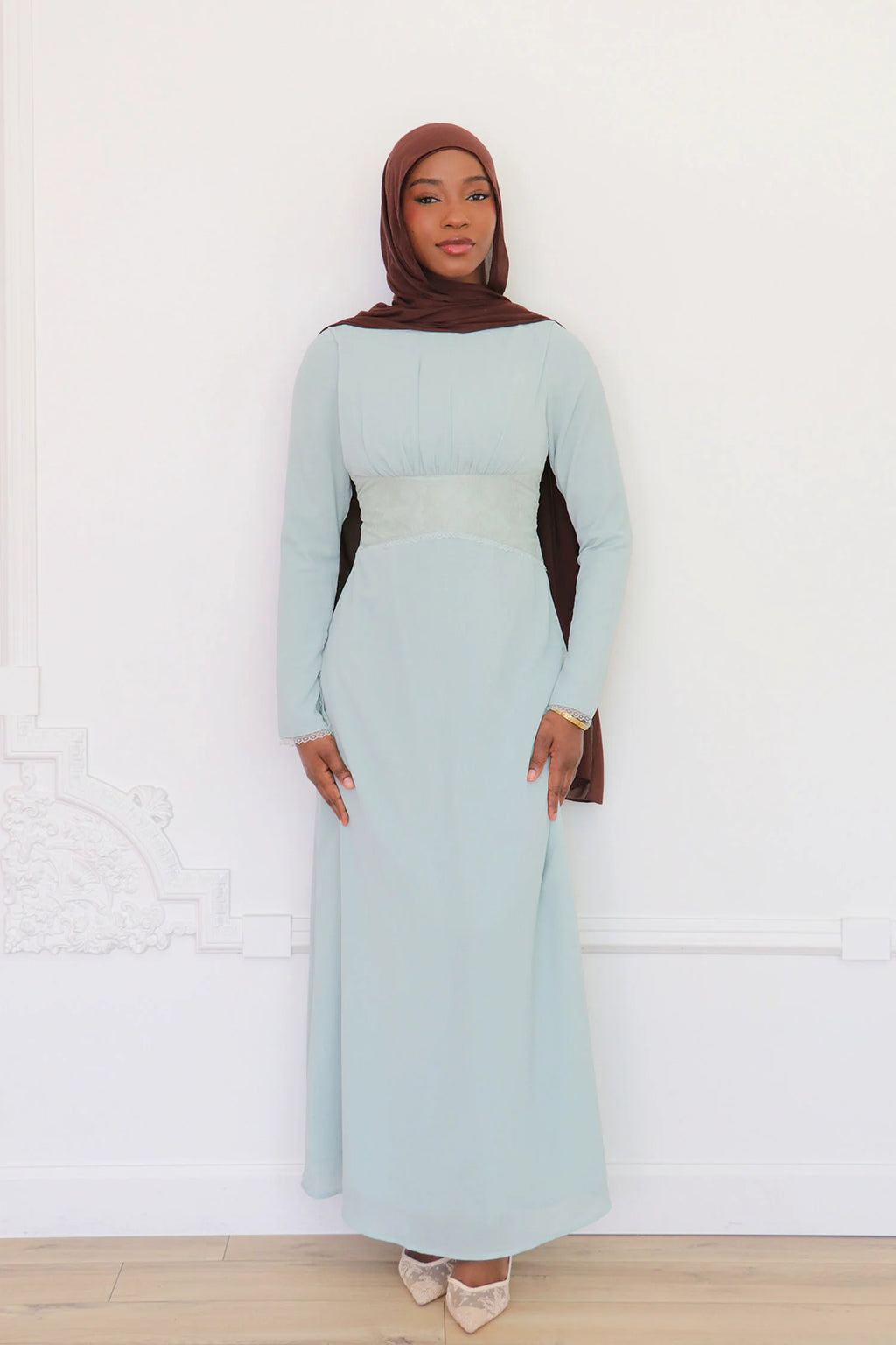Amina Triangular Lace-Inset Maxi Gown-Blue