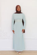 Amina Triangular Lace-Inset Maxi Gown-Blue