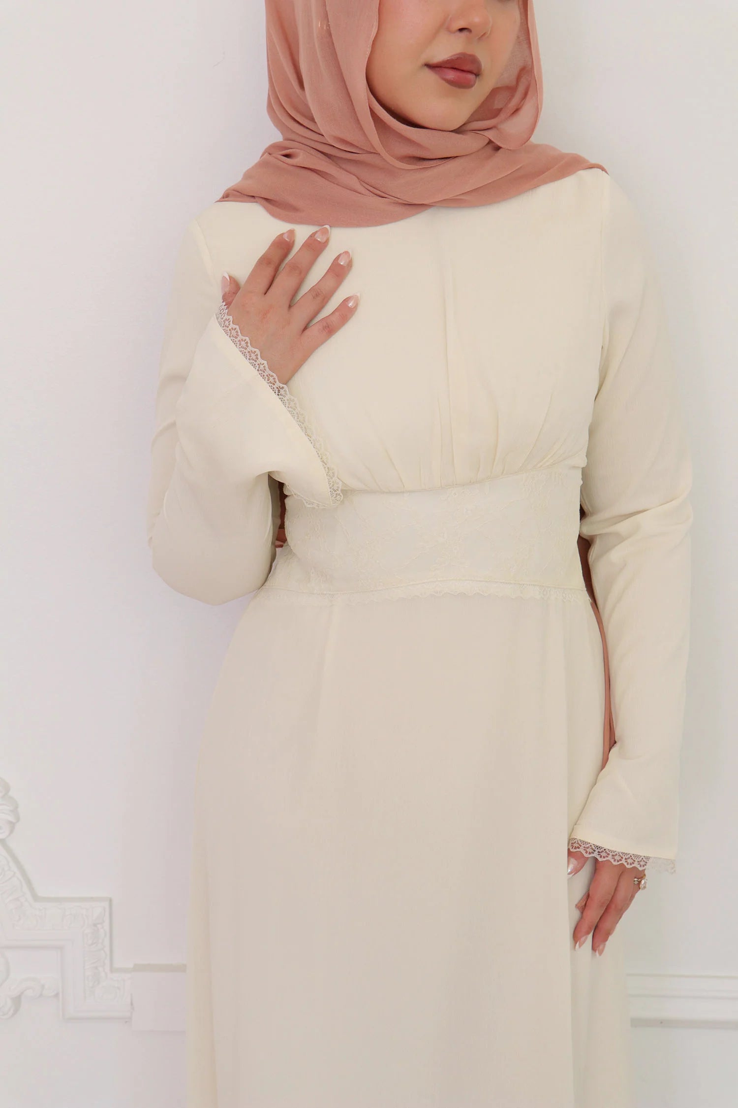Amina Triangular Lace-Inset Maxi Gown-Apricot
