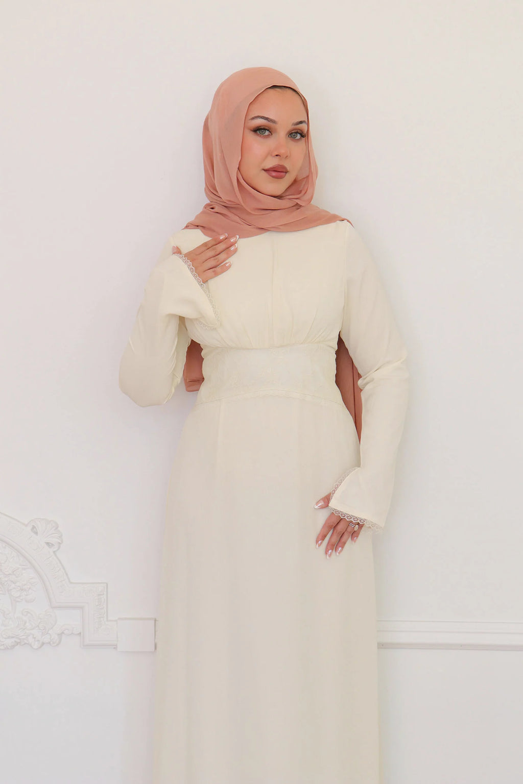 Amina Triangular Lace-Inset Maxi Gown-Apricot