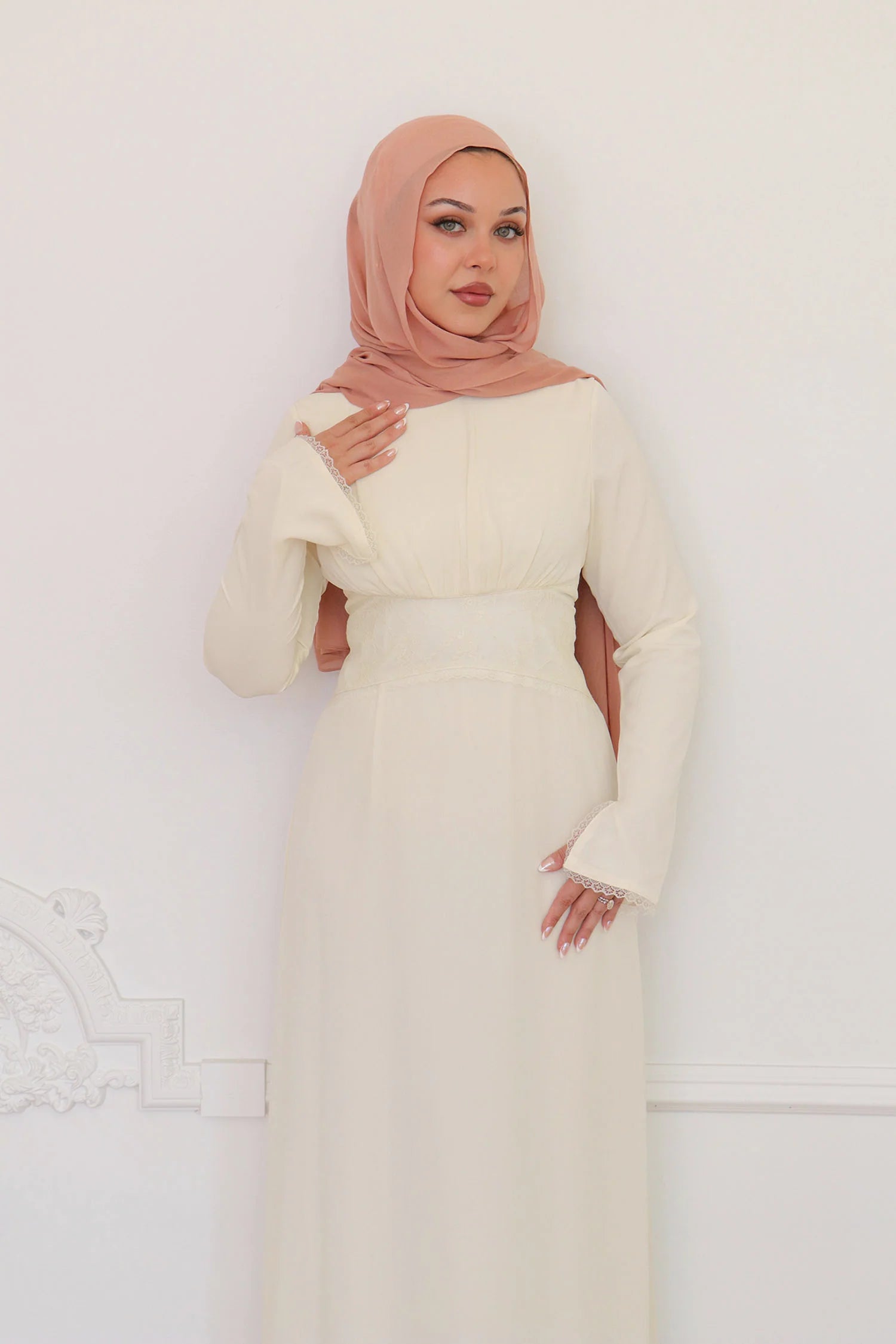 Amina Triangular Lace-Inset Maxi Gown-Apricot
