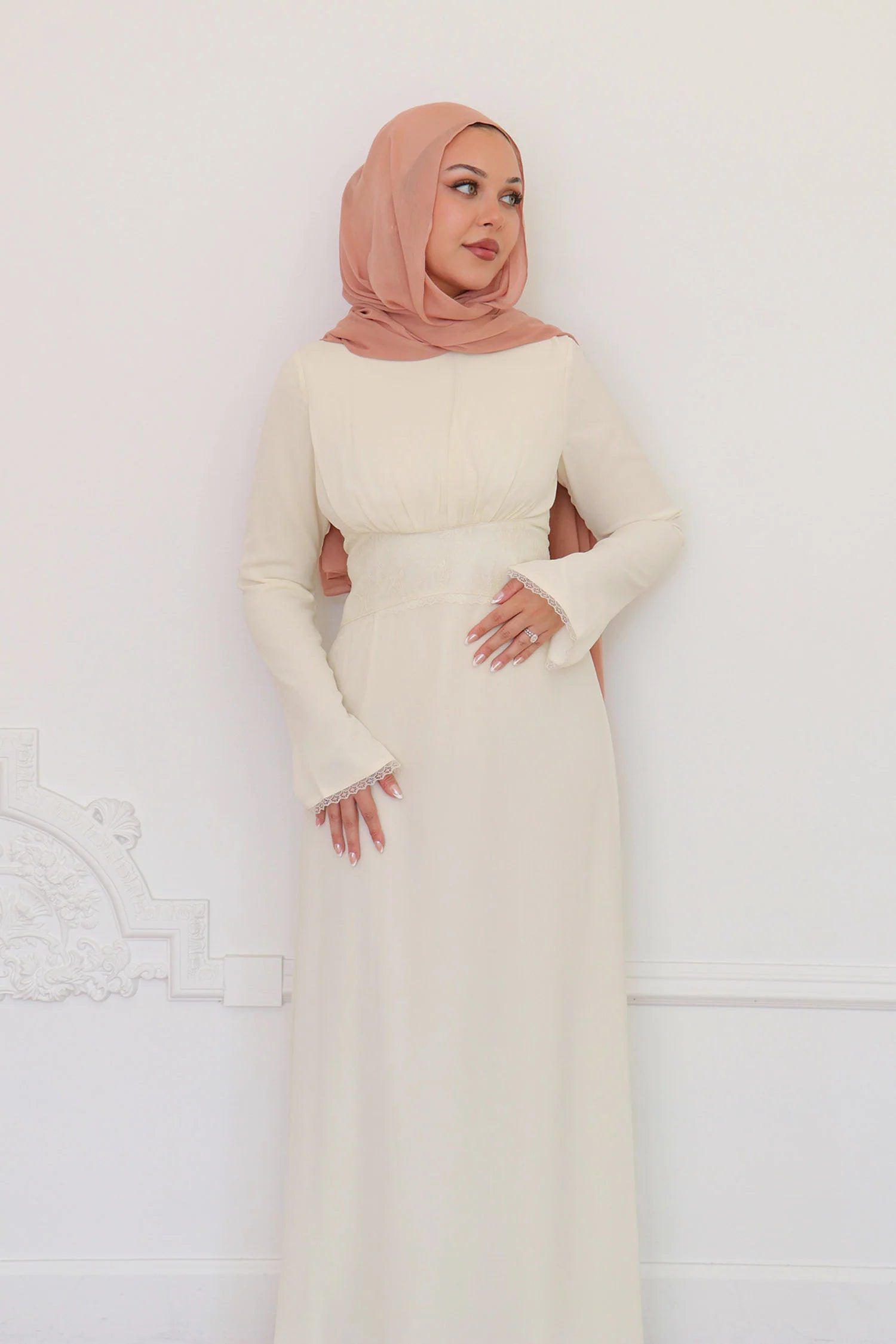 Amina Triangular Lace-Inset Maxi Gown-Apricot