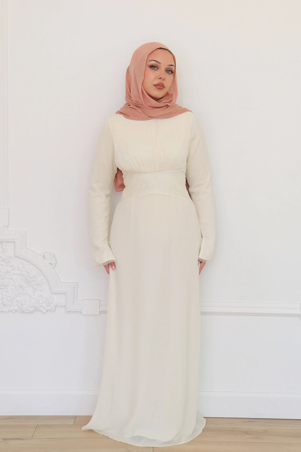 Amina Triangular Lace-Inset Maxi Gown-Apricot