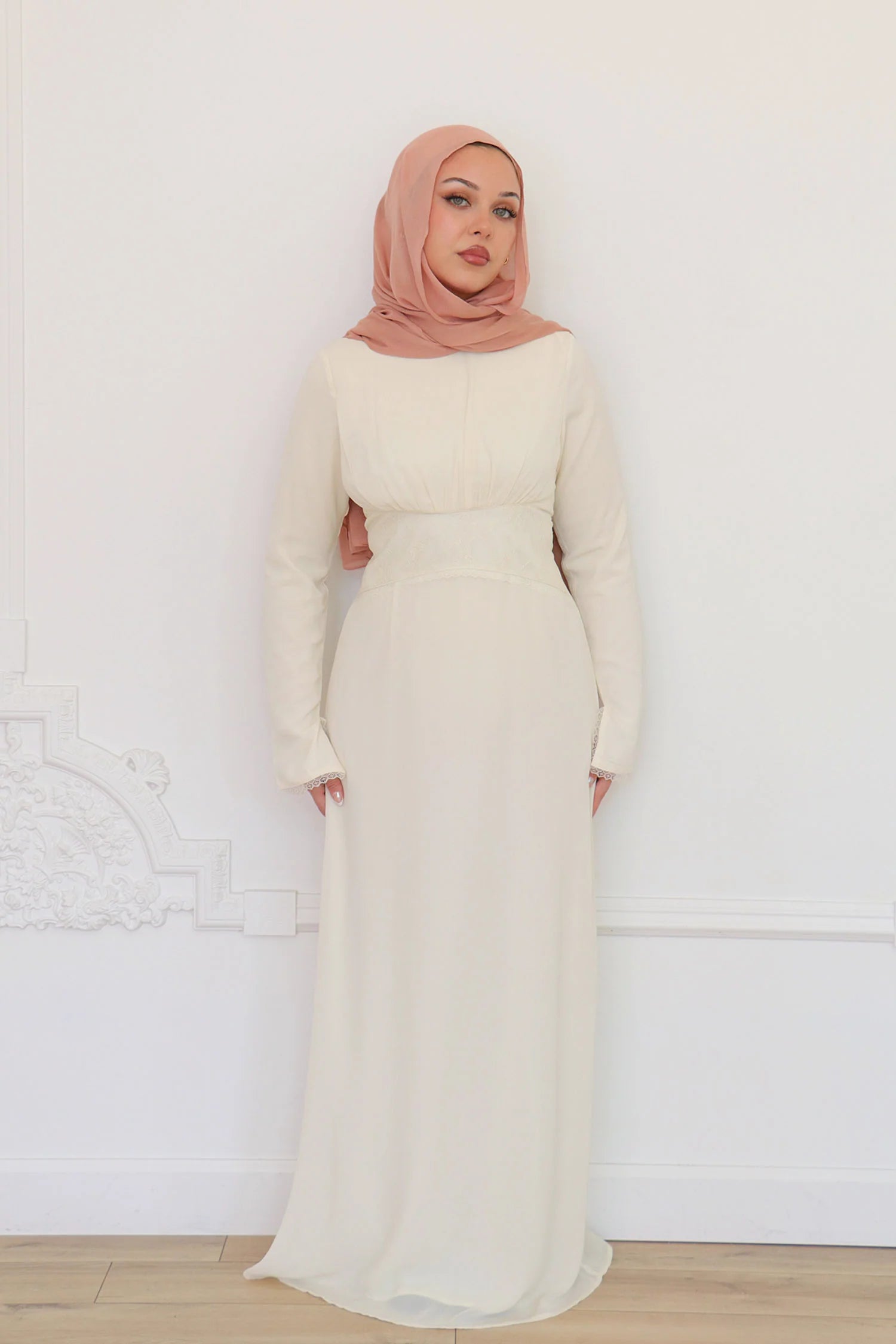 Amina Triangular Lace-Inset Maxi Gown-Apricot