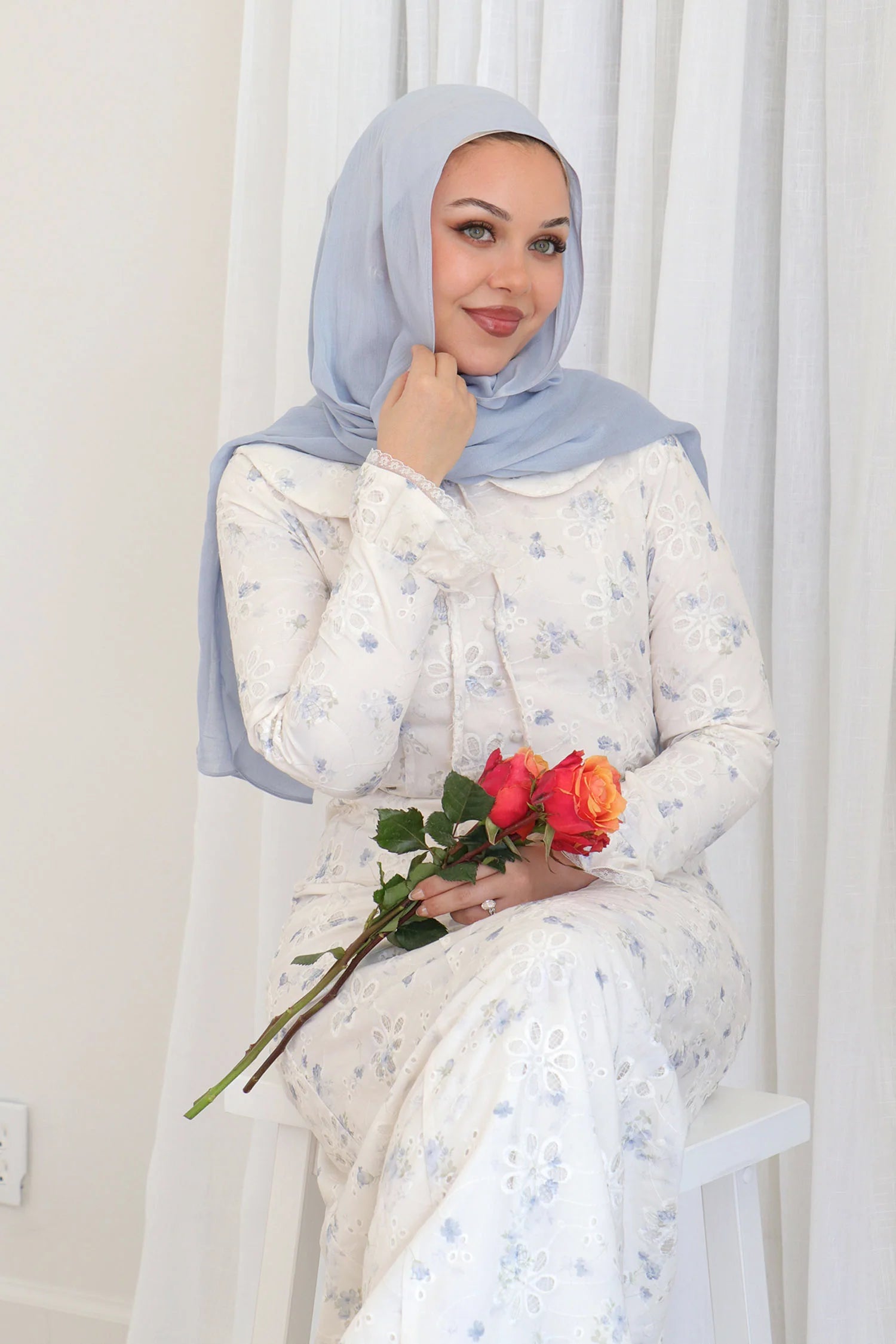 Nour Floral Embroidery Patch-Pocket Dress-Blue