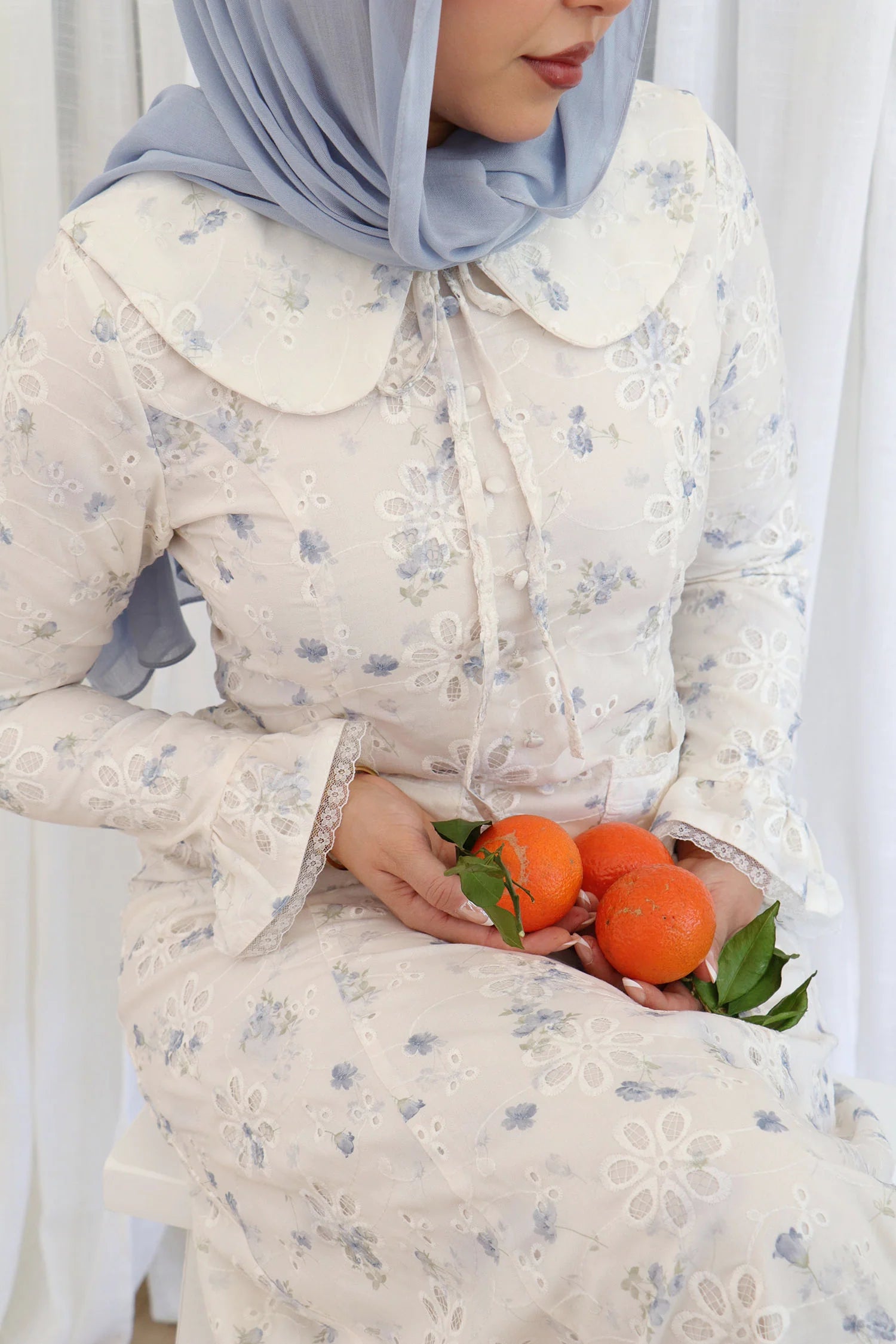 Nour Floral Embroidery Patch-Pocket Dress-Blue