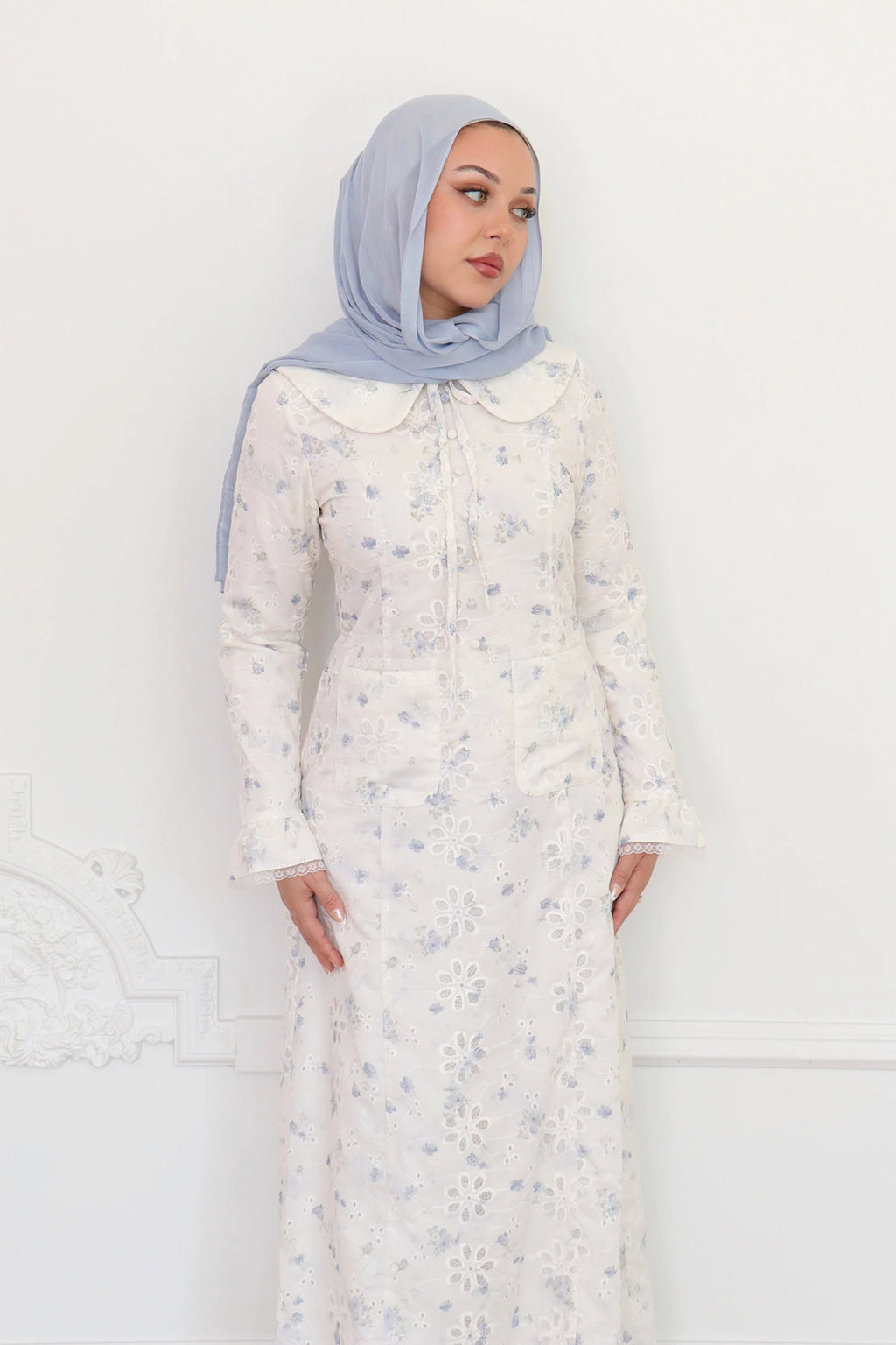 Nour Floral Embroidery Patch-Pocket Dress-Blue