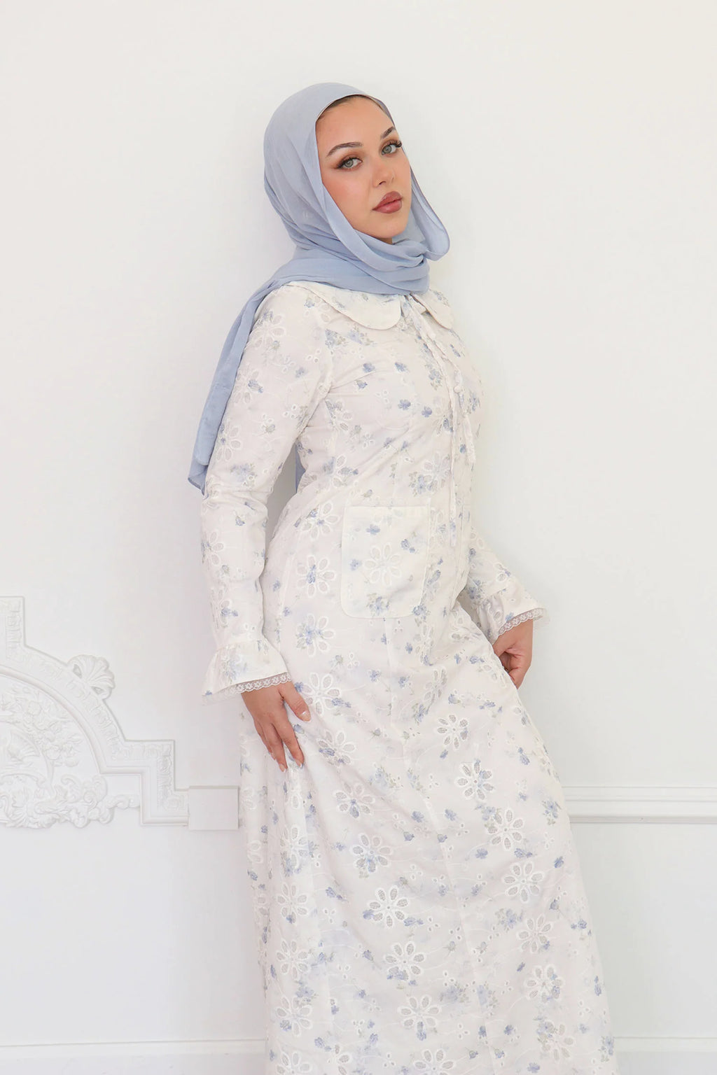 Nour Floral Embroidery Patch-Pocket Dress-Blue