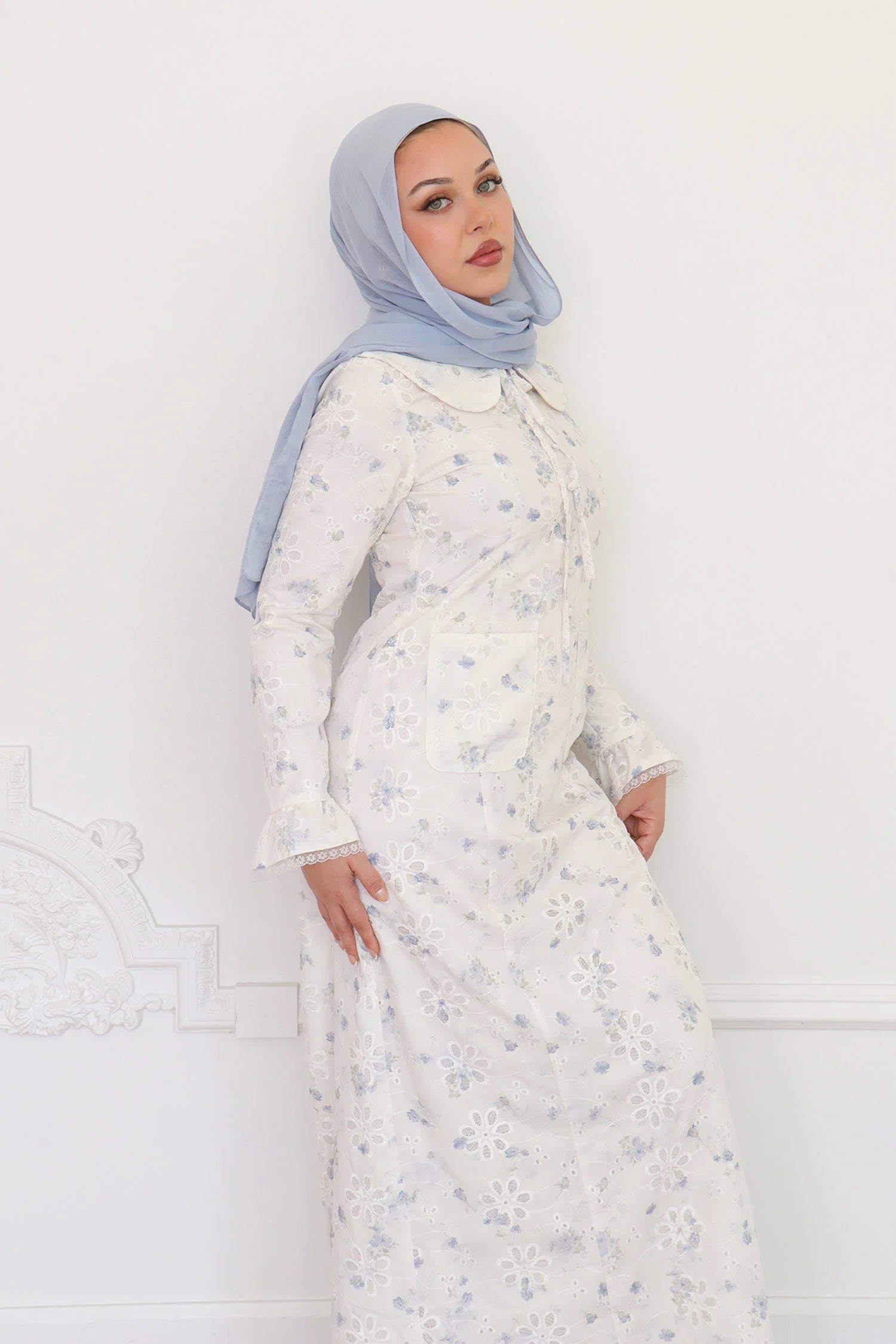 Nour Floral Embroidery Patch-Pocket Dress-Blue