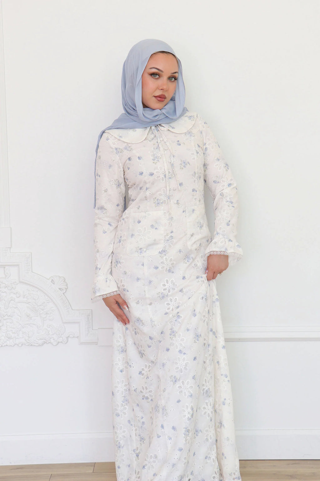 Nour Floral Embroidery Patch-Pocket Dress-Blue