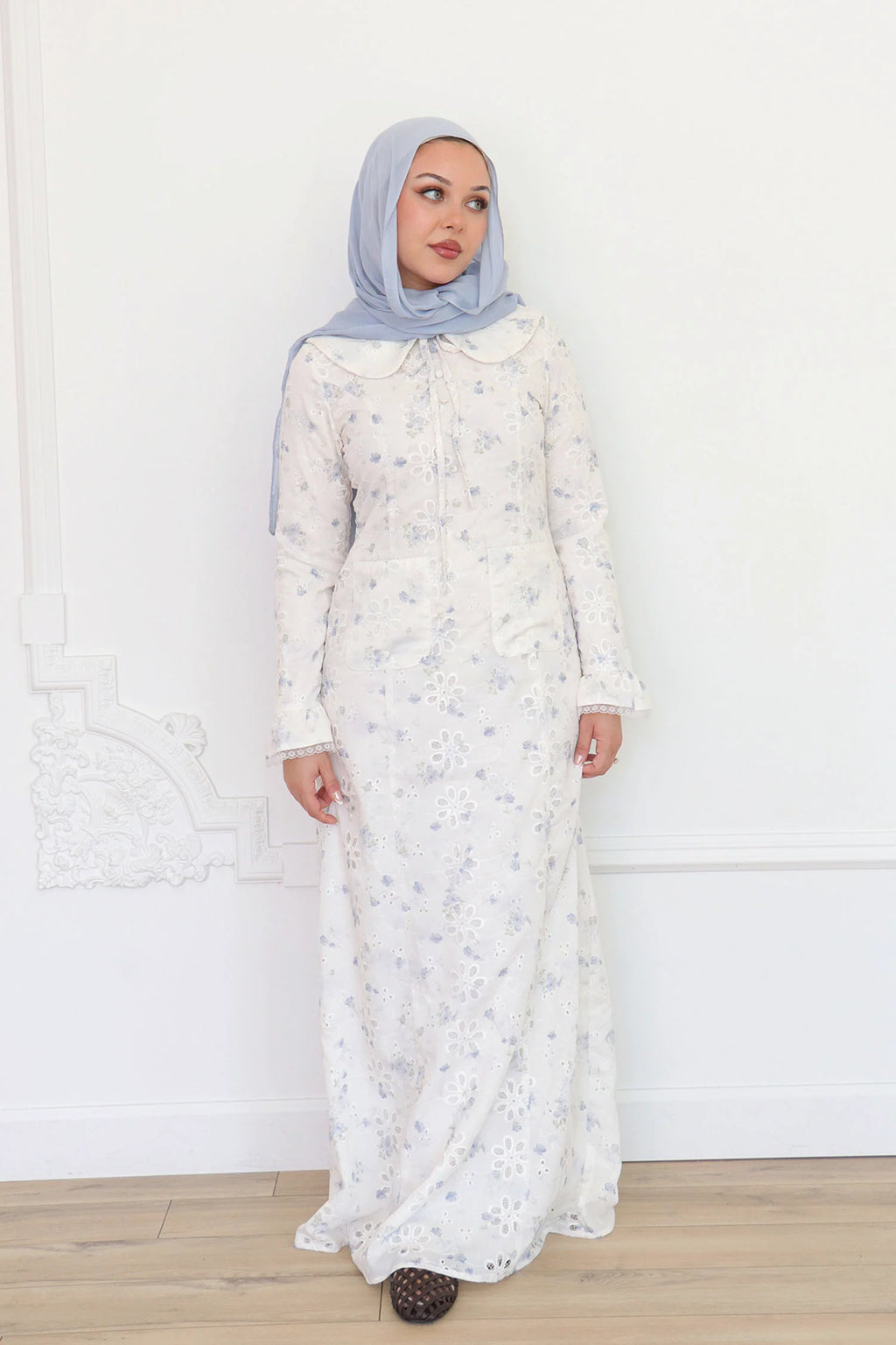 Nour Floral Embroidery Patch-Pocket Dress-Blue