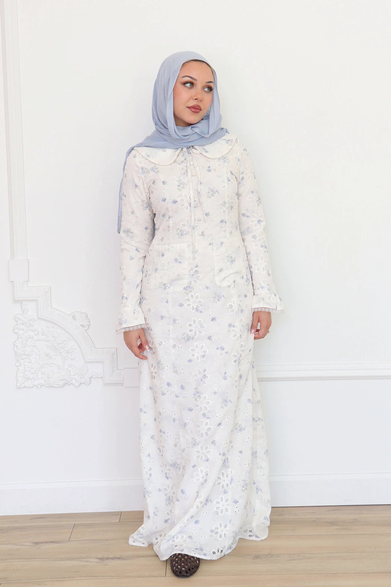 Nour Floral Embroidery Patch-Pocket Dress-Blue