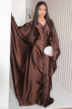 Sara Lace Trim Batwing Satin Abaya-Coffee