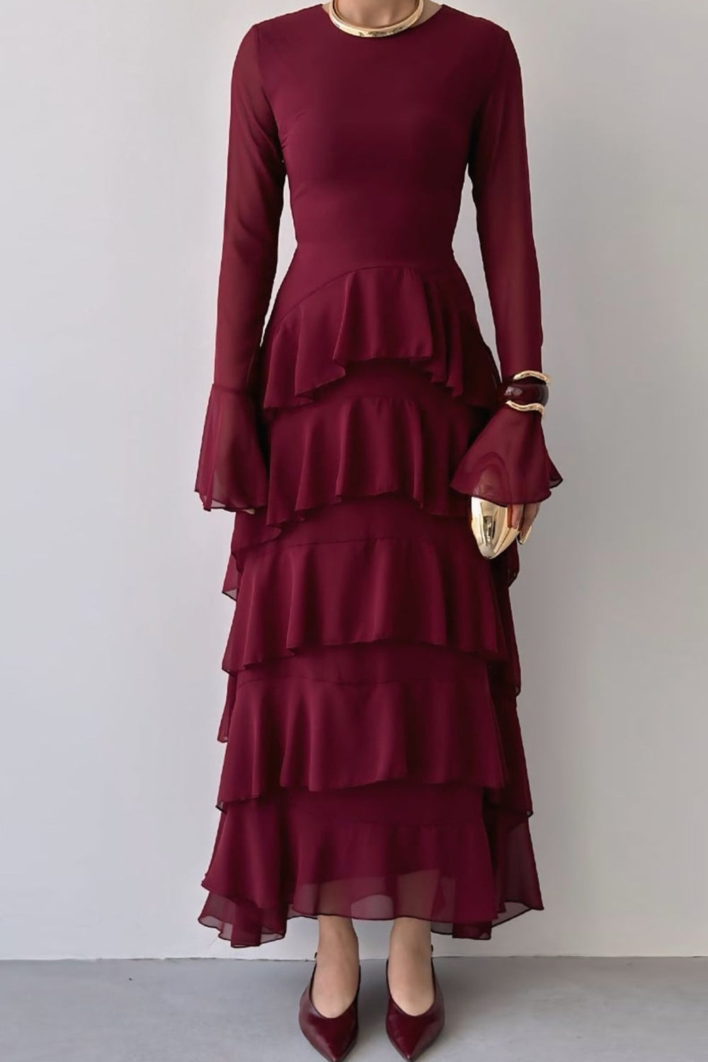 Layla Tiered Ruffle Flare Sleeve Maxi Dress-Red
