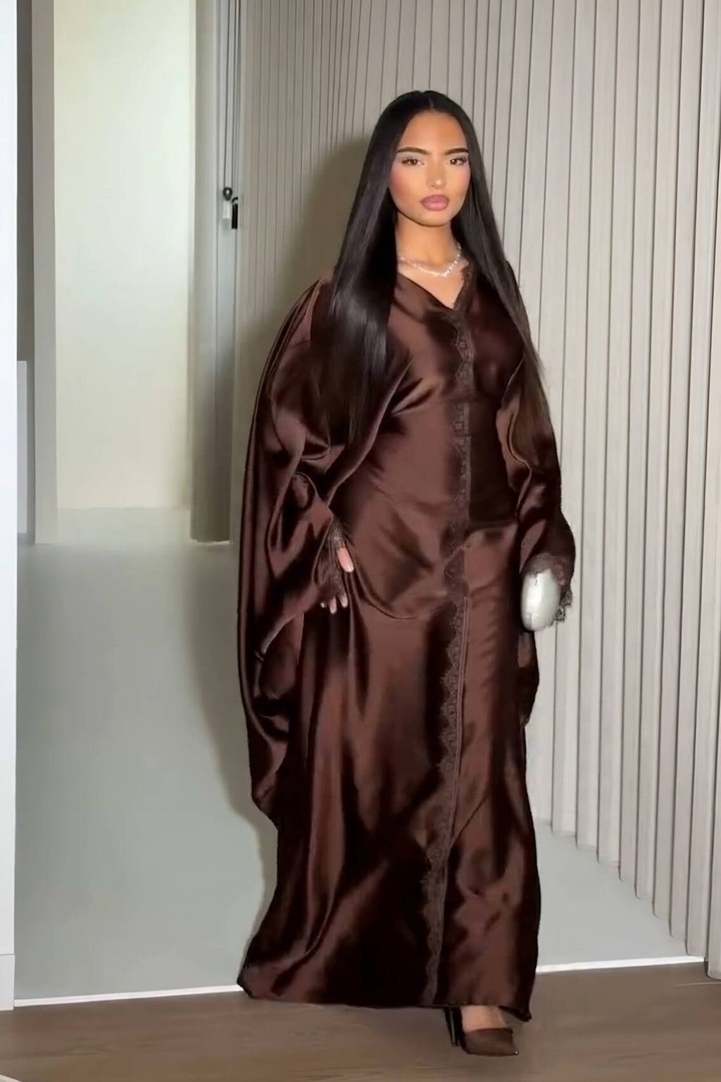 Sara Lace Trim Batwing Satin Abaya-Coffee