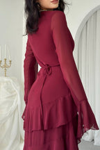 Layla Tiered Ruffle Flare Sleeve Maxi Dress-Red
